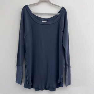 We the Free Top Cotton Waffle Knit Raw Edge Long Sleeve Gray Size Medium